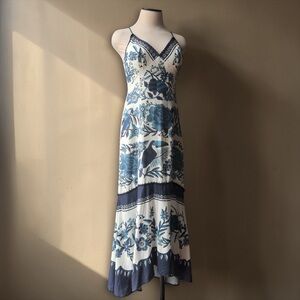 Farm Rio Tropical Tiles Bird Floral Print Tiered Maxi Dress Navy White